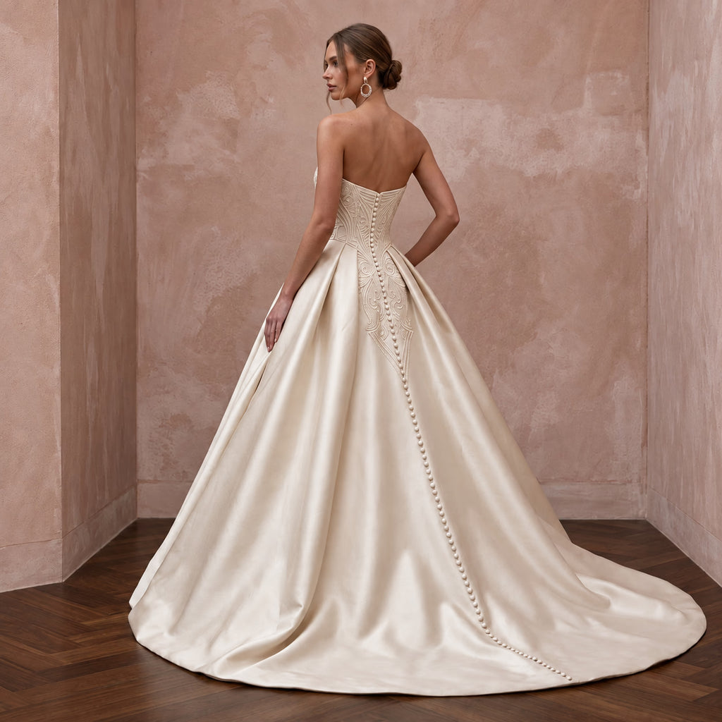 Champagne Silk Mikado Architectural Strapless Ball Gown for Cathedral Ceremony