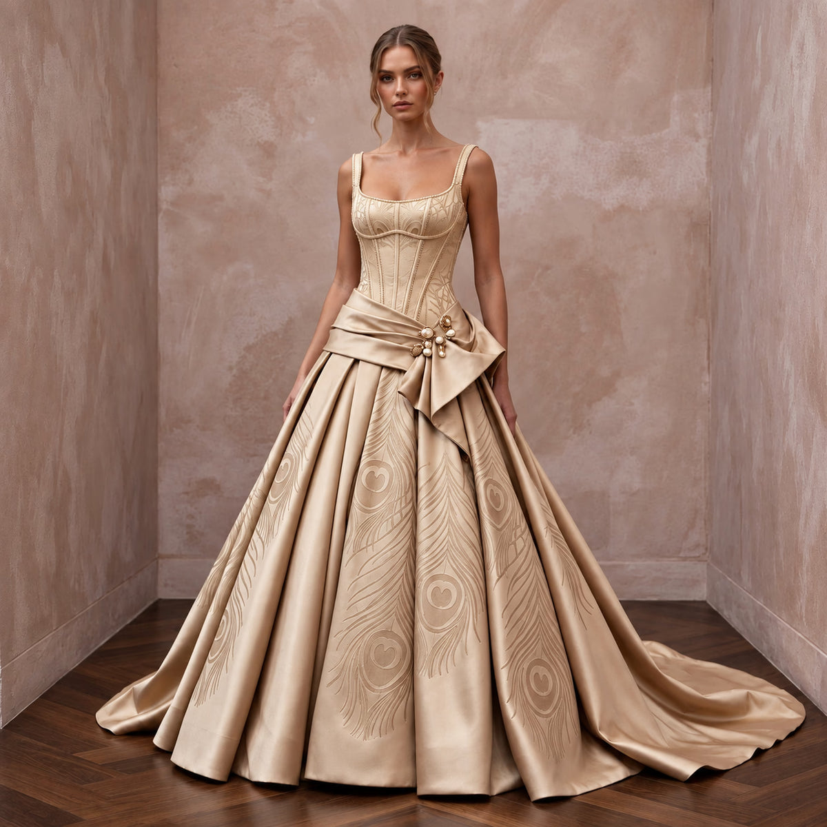 Champagne Silk Mikado Dropped Waist Corset Ball Gown