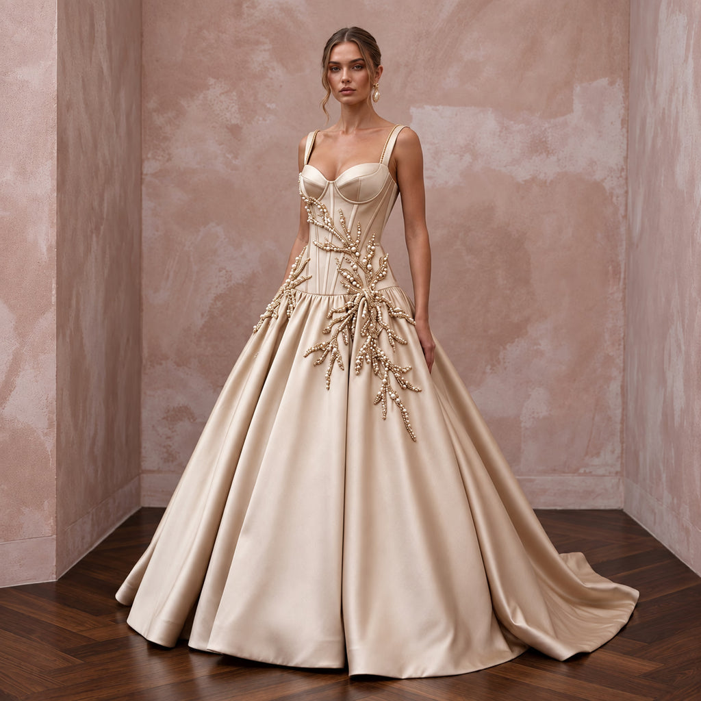 Champagne Silk Mikado Dropped Waist Corset Ball Gown