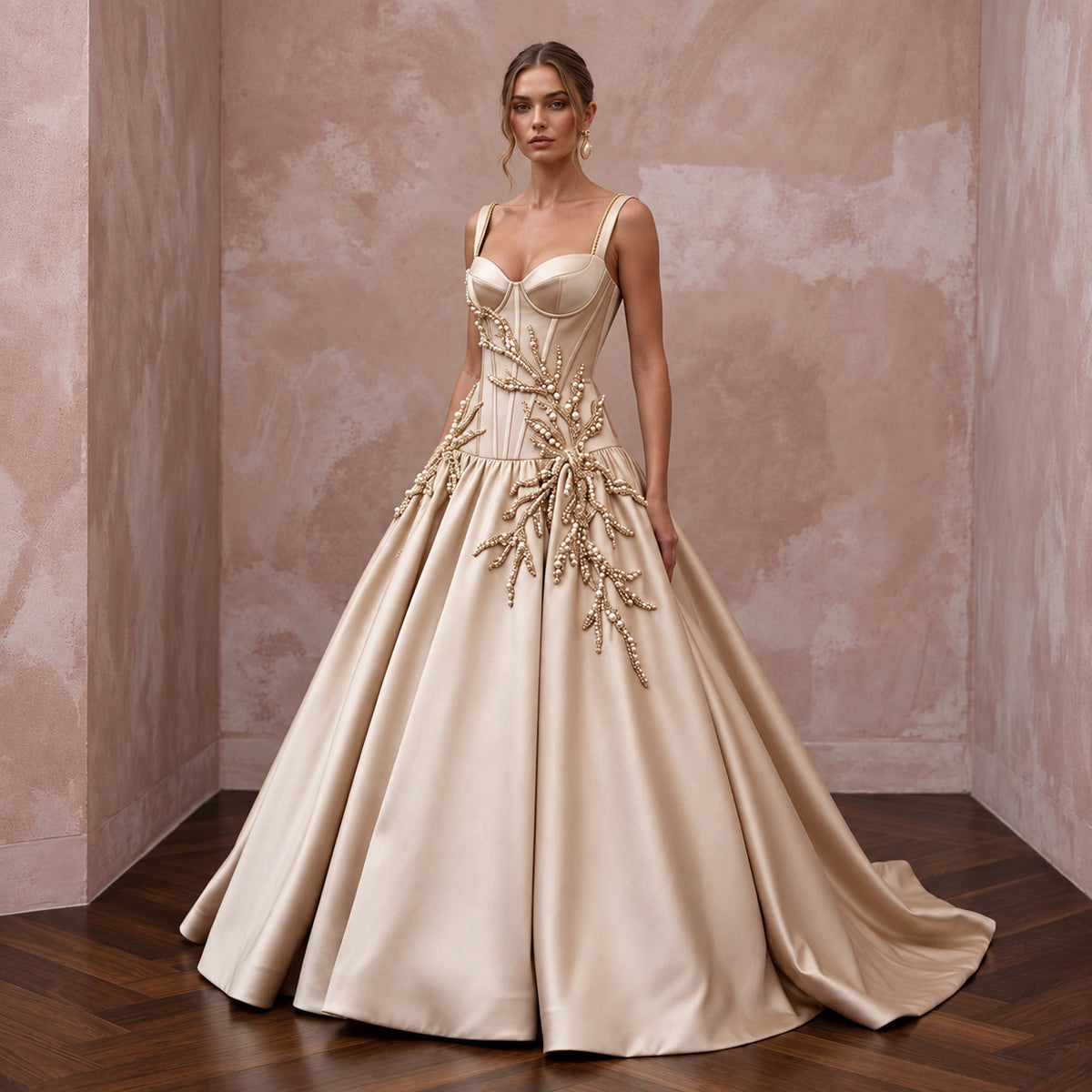 Champagne Silk Mikado Dropped Waist Corset Ball Gown
