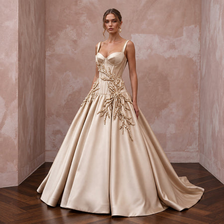 Champagne Silk Mikado Dropped Waist Corset Ball Gown