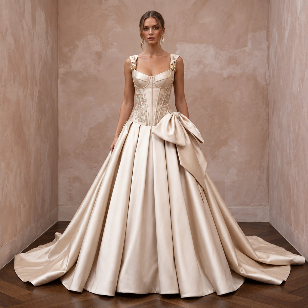 Champagne Silk Mikado Dropped Waist Corset Ball Gown - Apparel & Accessories > Clothing > Wedding & Bridal Party Dresses > Wedding Dresses - Mignonette Bridal