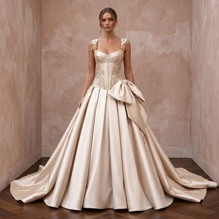 Champagne Silk Mikado Dropped Waist Corset Ball Gown - Apparel & Accessories > Clothing > Wedding & Bridal Party Dresses > Wedding Dresses - Mignonette Bridal