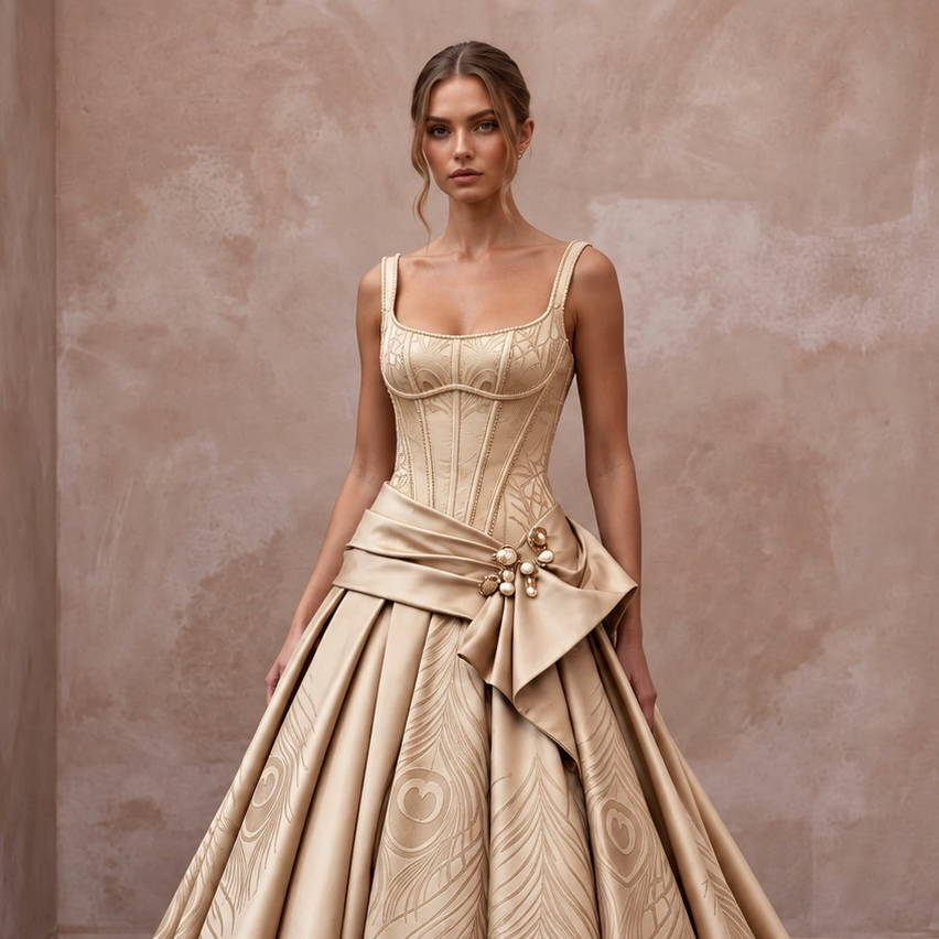 Champagne Silk Mikado Dropped Waist Corset Ball Gown