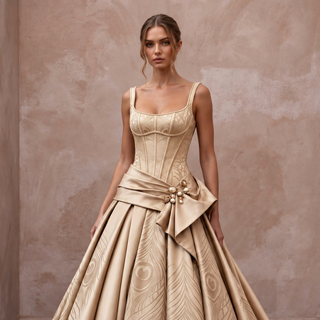 Champagne Silk Mikado Dropped Waist Corset Ball Gown