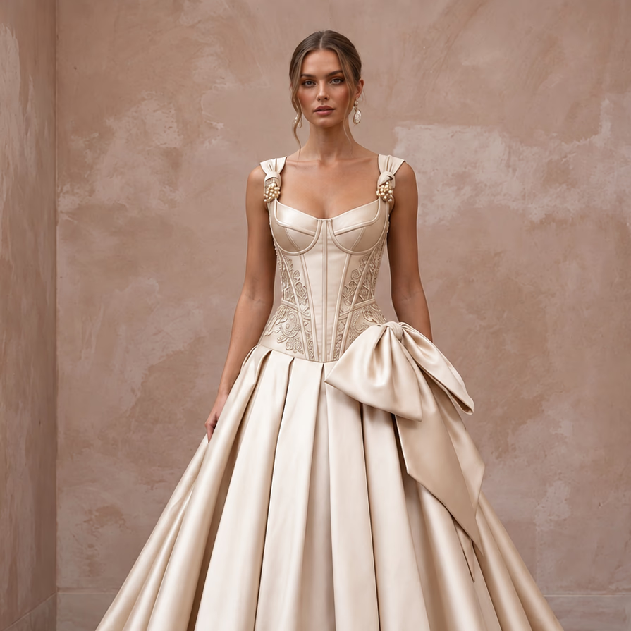 Champagne Silk Mikado Dropped Waist Corset Ball Gown - Apparel & Accessories > Clothing > Wedding & Bridal Party Dresses > Wedding Dresses - Mignonette Bridal