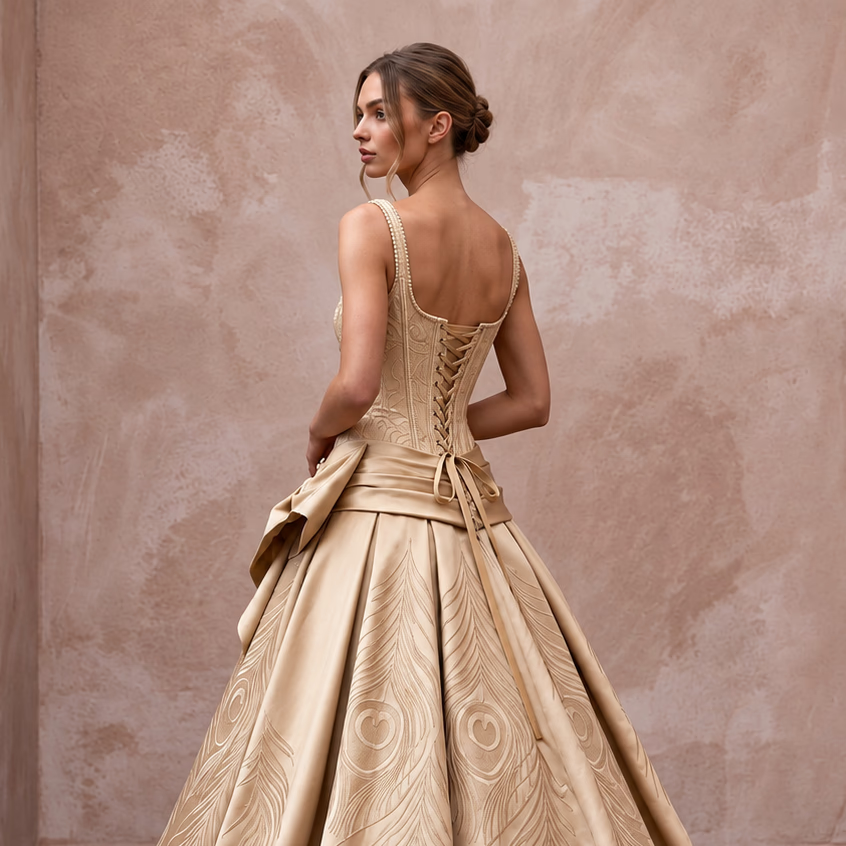 Champagne Silk Mikado Dropped Waist Corset Ball Gown