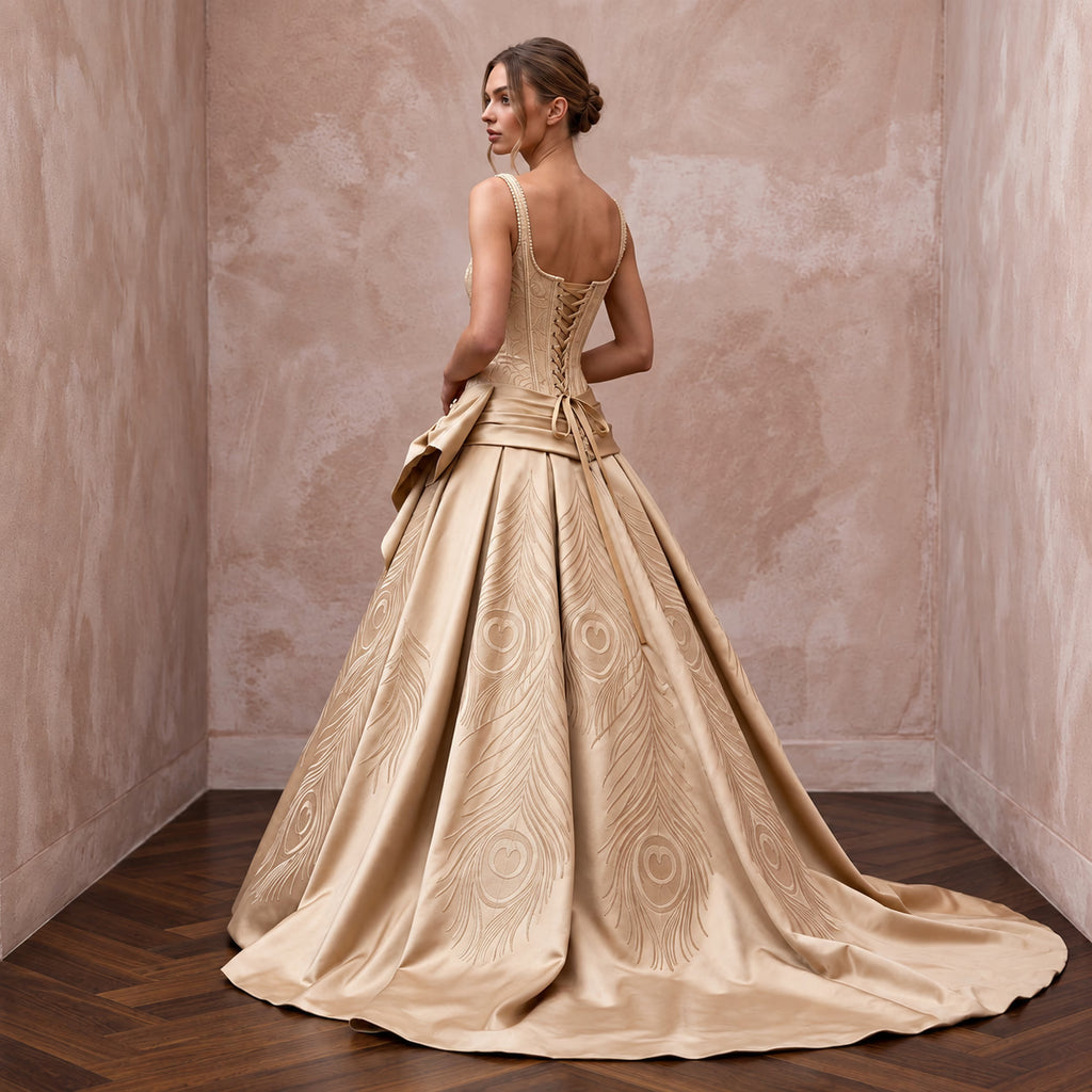 Champagne Silk Mikado Dropped Waist Corset Ball Gown