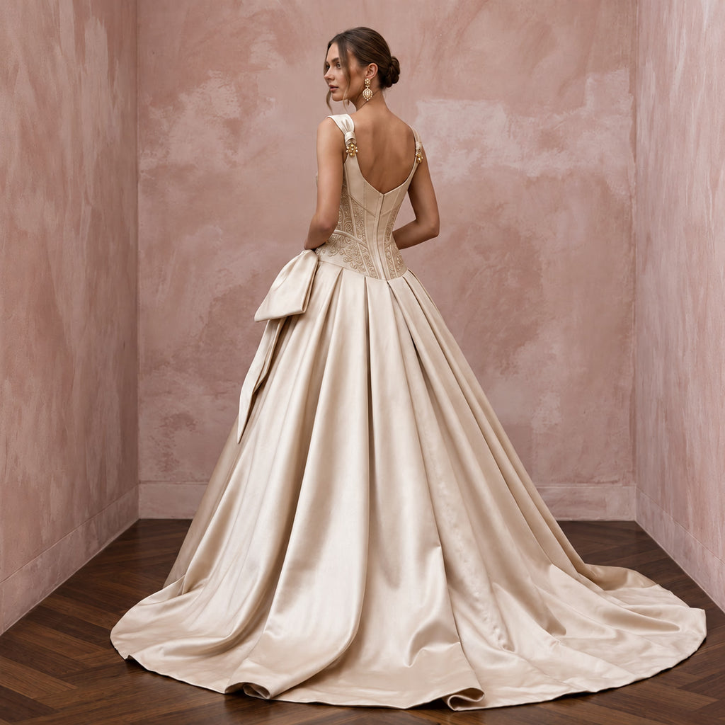 Champagne Silk Mikado Dropped Waist Corset Ball Gown - Apparel & Accessories > Clothing > Wedding & Bridal Party Dresses > Wedding Dresses - Mignonette Bridal