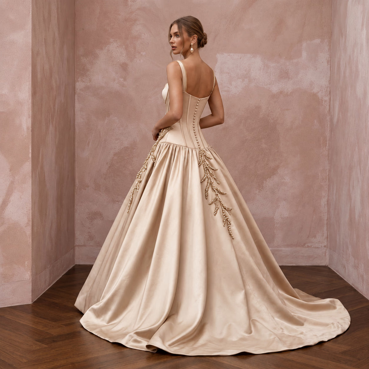Champagne Silk Mikado Dropped Waist Corset Ball Gown