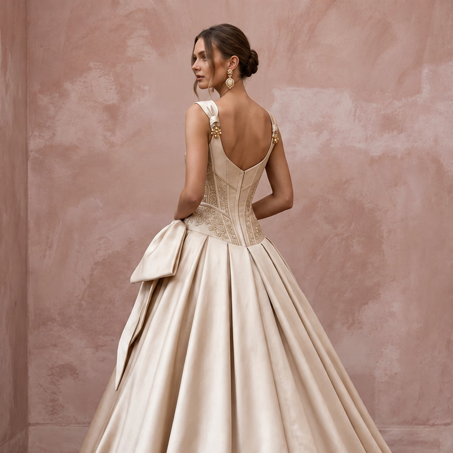 Champagne Silk Mikado Dropped Waist Corset Ball Gown - Apparel & Accessories > Clothing > Wedding & Bridal Party Dresses > Wedding Dresses - Mignonette Bridal