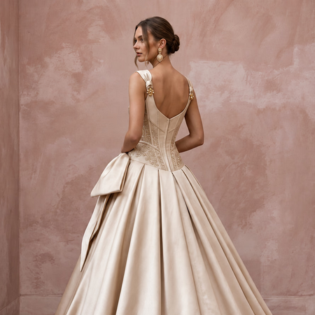 Champagne Silk Mikado Dropped Waist Corset Ball Gown - Apparel & Accessories > Clothing > Wedding & Bridal Party Dresses > Wedding Dresses - Mignonette Bridal