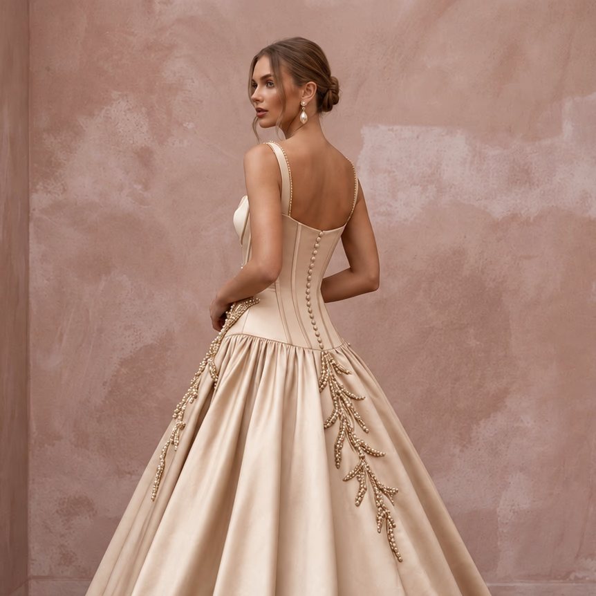 Champagne Silk Mikado Dropped Waist Corset Ball Gown