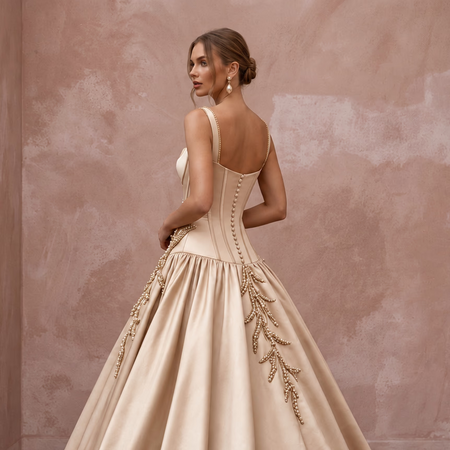 Champagne Silk Mikado Dropped Waist Corset Ball Gown