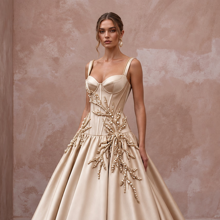 Champagne Silk Mikado Dropped Waist Corset Ball Gown