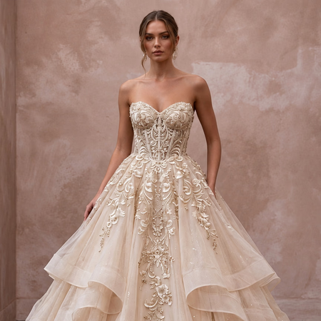 Champagne Silk Organza Sweetheart Strapless Ball Gown for Castle Wedding
