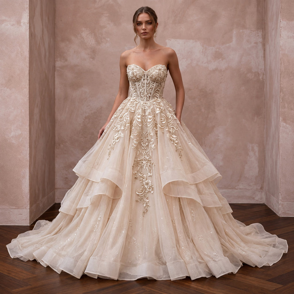 Champagne Silk Organza Sweetheart Strapless Ball Gown for Castle Wedding
