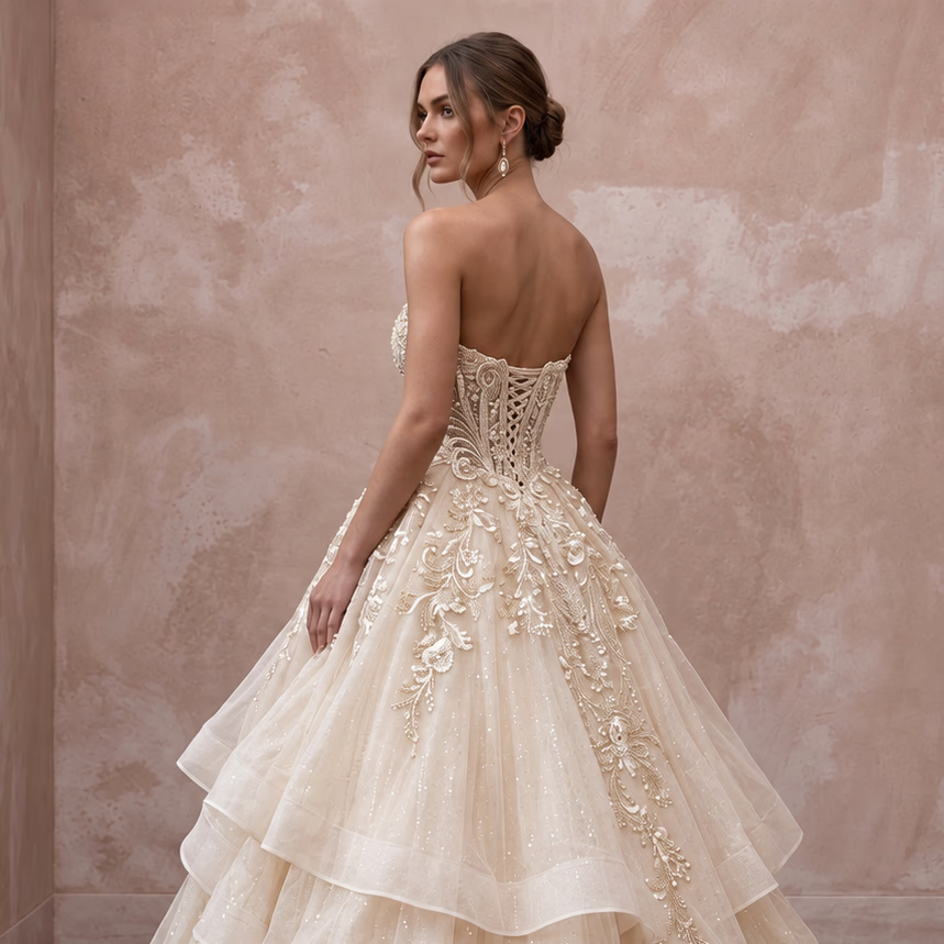 Champagne Silk Organza Sweetheart Strapless Ball Gown for Castle Wedding