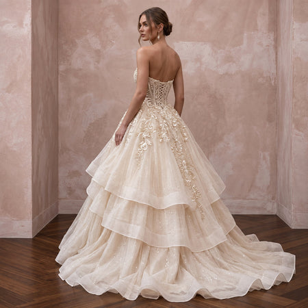 Champagne Silk Organza Sweetheart Strapless Ball Gown for Castle Wedding