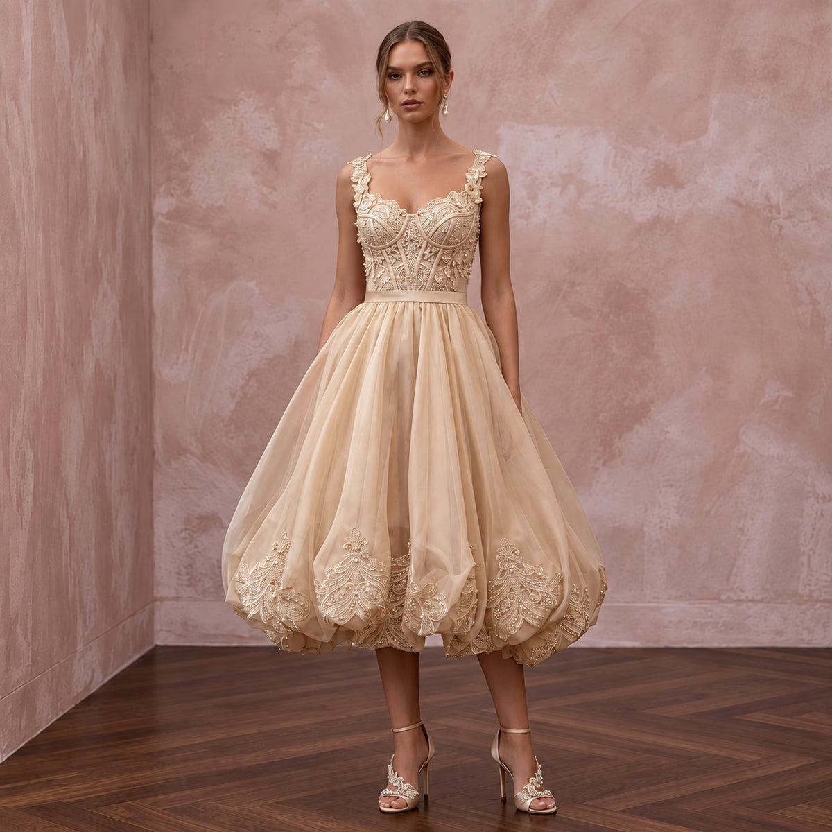 Champagne Silk Organza Voluminous Bubble Hem Reception Dress