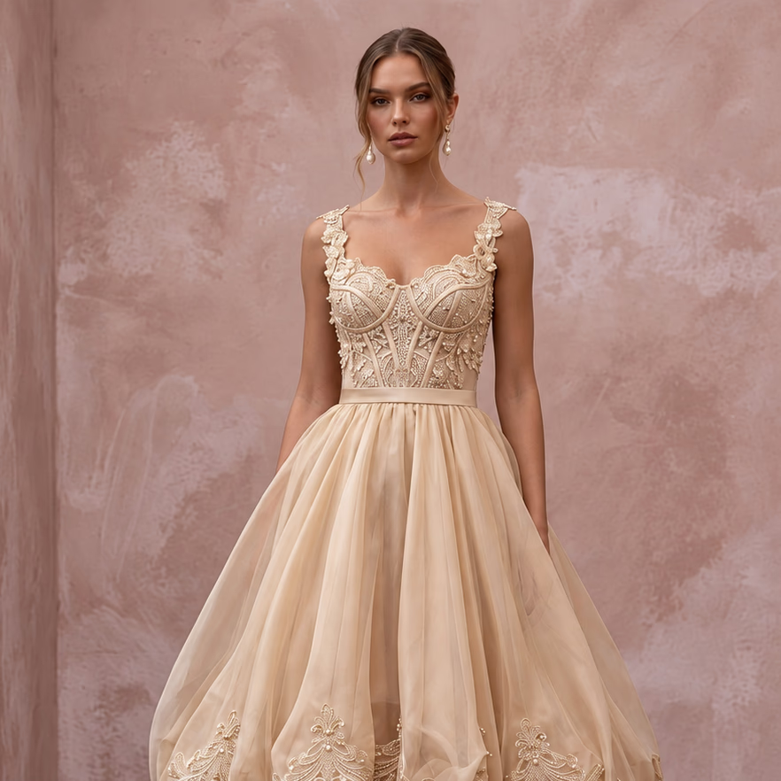 Champagne Silk Organza Voluminous Bubble Hem Reception Dress