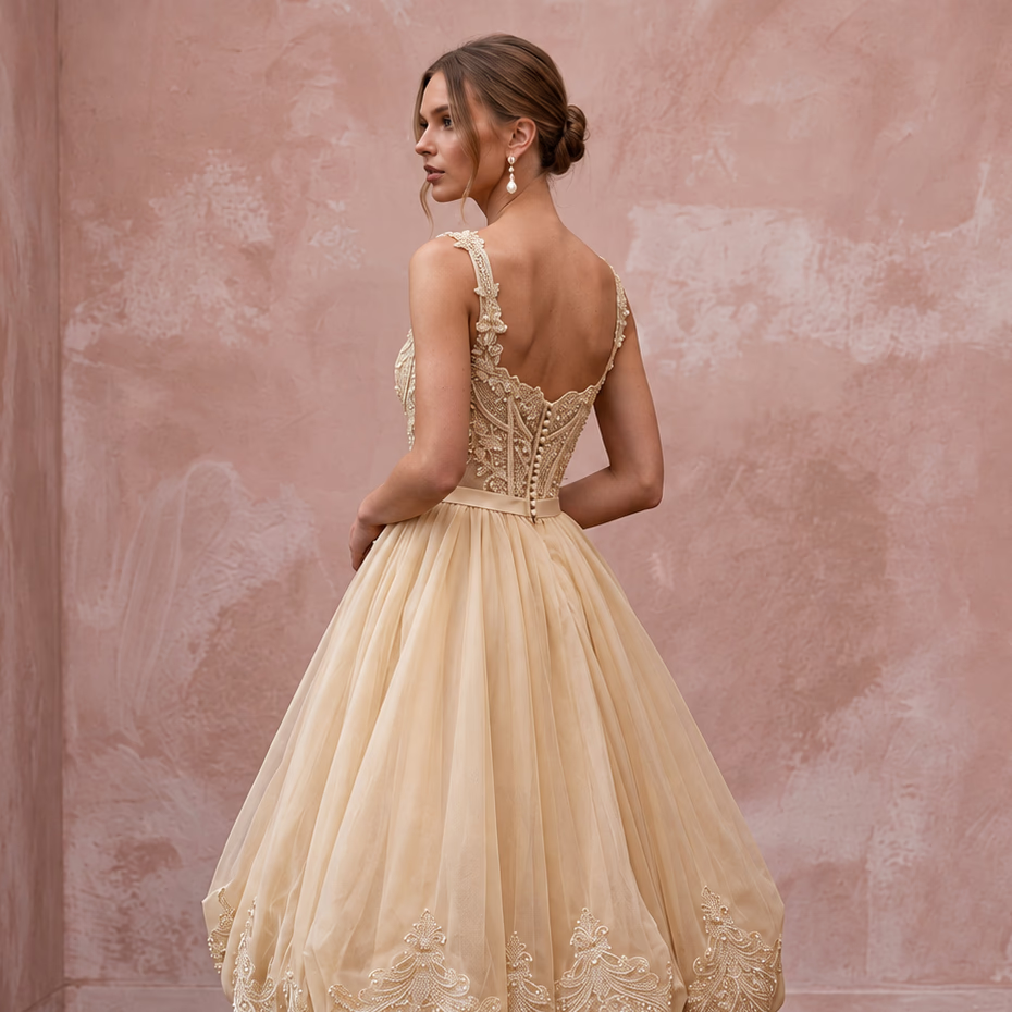Champagne Silk Organza Voluminous Bubble Hem Reception Dress