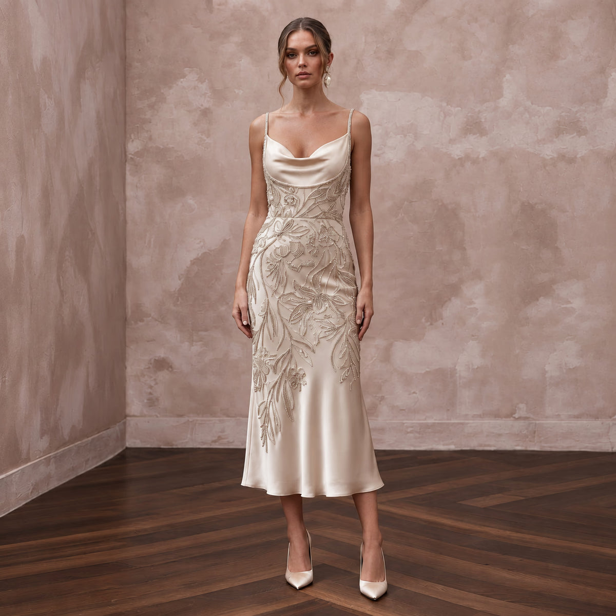 Champagne Silk Satin Cowl Neck Midi Slip Dress for Evening Reception