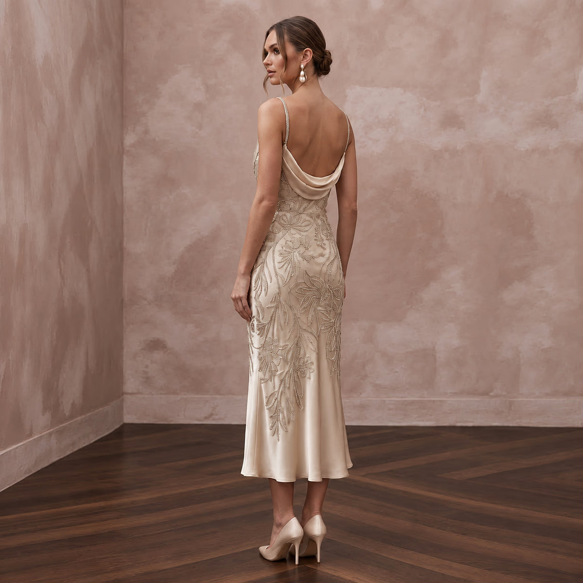 Champagne Silk Satin Cowl Neck Midi Slip Dress for Evening Reception