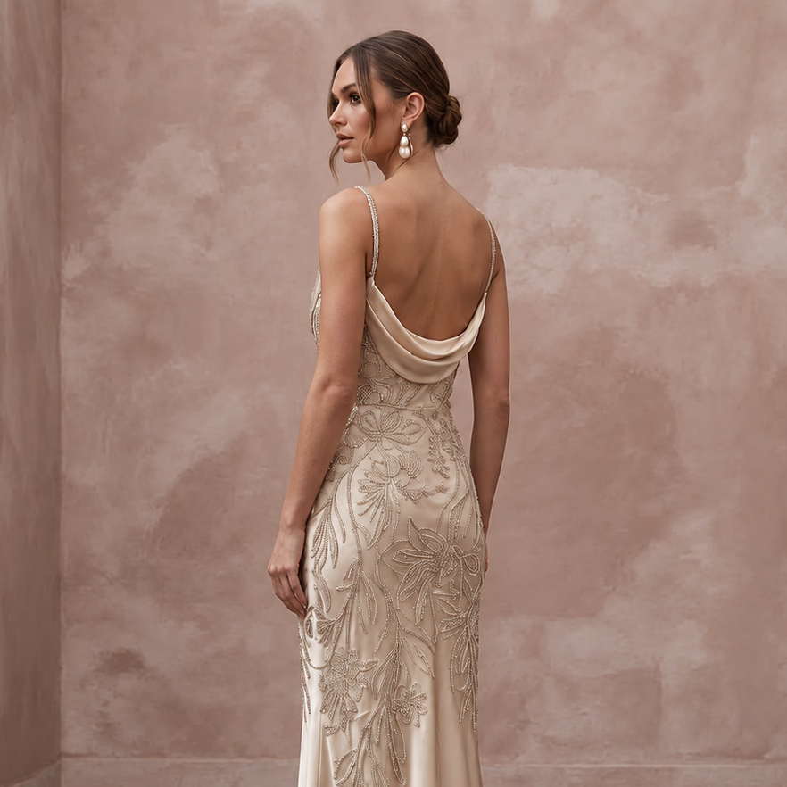 Champagne Silk Satin Cowl Neck Midi Slip Dress for Evening Reception