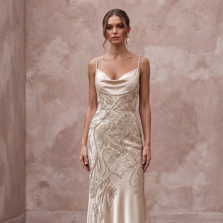 Champagne Silk Satin Cowl Neck Midi Slip Dress for Evening Reception
