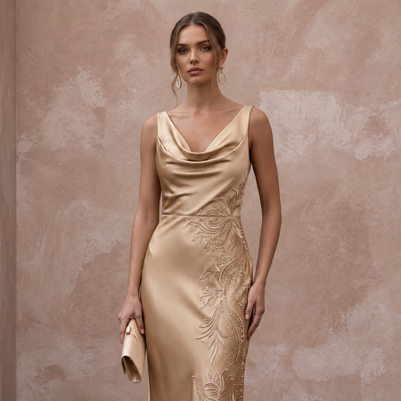 Champagne Silk Satin Cowl Neck Midi Slip Dress for Wedding Guest - Apparel & Accessories > Clothing > Wedding & Bridal Party Dresses > Wedding Dresses - Mignonette Bridal