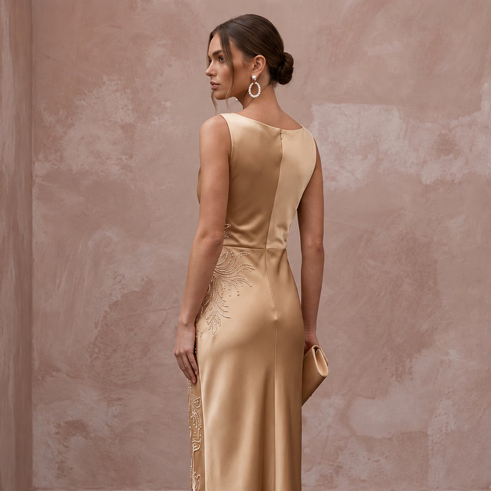 Champagne Silk Satin Cowl Neck Midi Slip Dress for Wedding Guest - Apparel & Accessories > Clothing > Wedding & Bridal Party Dresses > Wedding Dresses - Mignonette Bridal