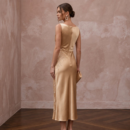 Champagne Silk Satin Cowl Neck Midi Slip Dress for Wedding Guest - Apparel & Accessories > Clothing > Wedding & Bridal Party Dresses > Wedding Dresses - Mignonette Bridal