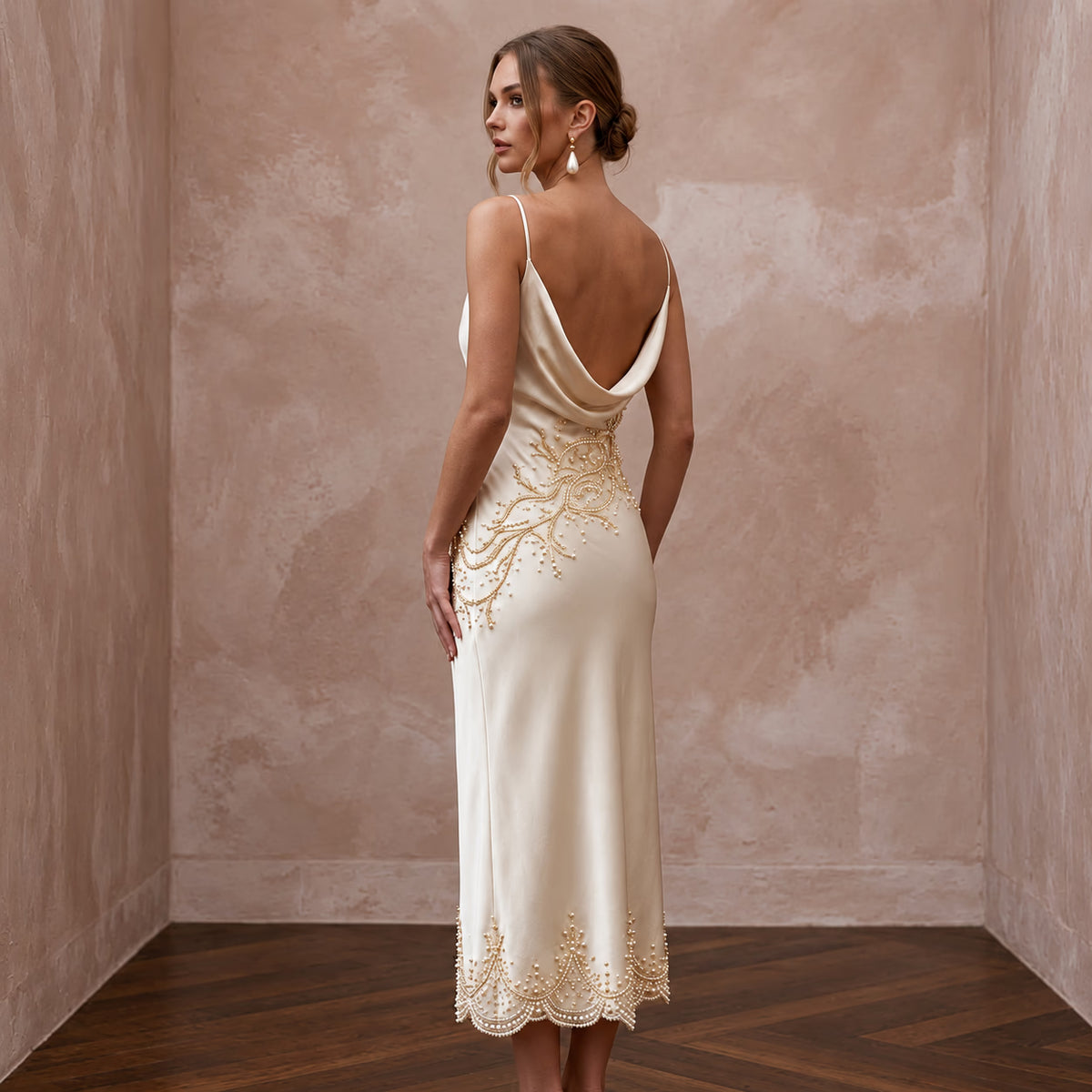Champagne Silk Satin Cowl Neck Midi Slip Dress for Wedding Guest