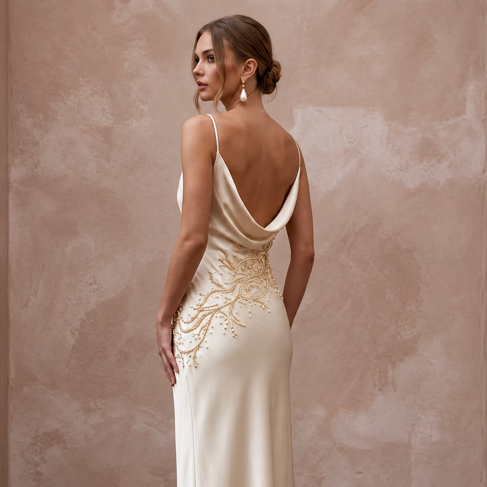 Champagne Silk Satin Cowl Neck Midi Slip Dress for Wedding Guest