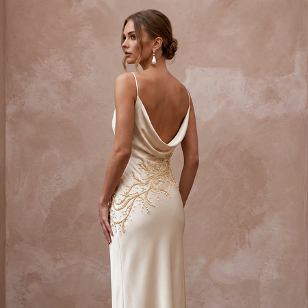 Champagne Silk Satin Cowl Neck Midi Slip Dress for Wedding Guest