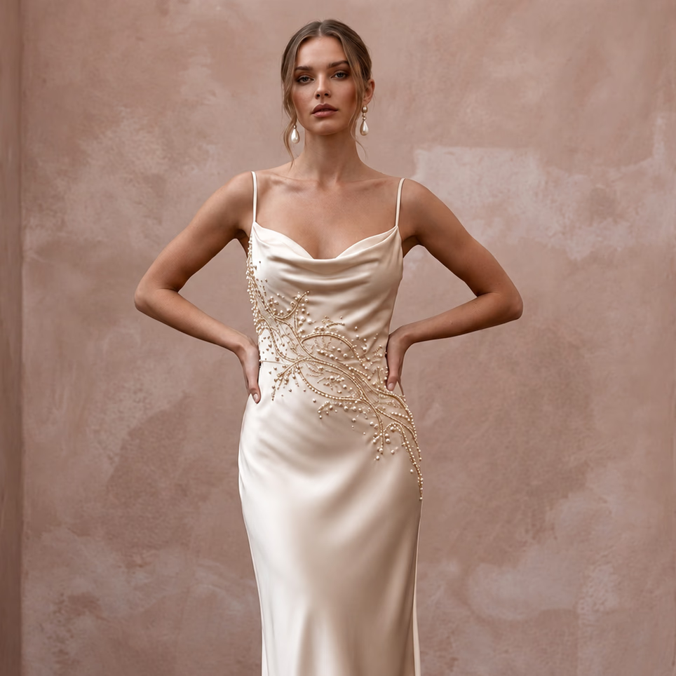 Champagne Silk Satin Cowl Neck Midi Slip Dress for Wedding Guest