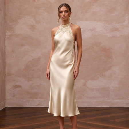 Champagne Silk Satin Halter Neck Midi Slip Dress for Wedding Guest