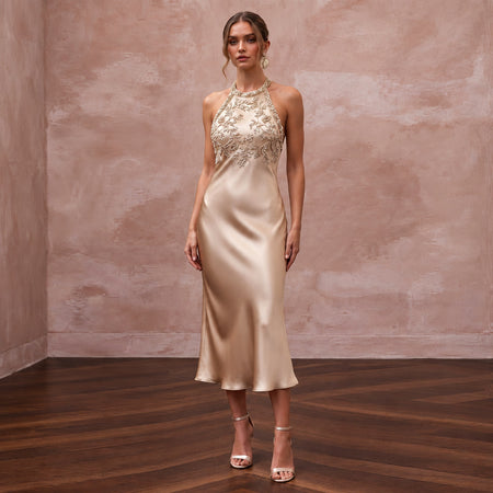 Champagne Silk Satin Halter Neck Midi Slip Dress for Wedding Guest