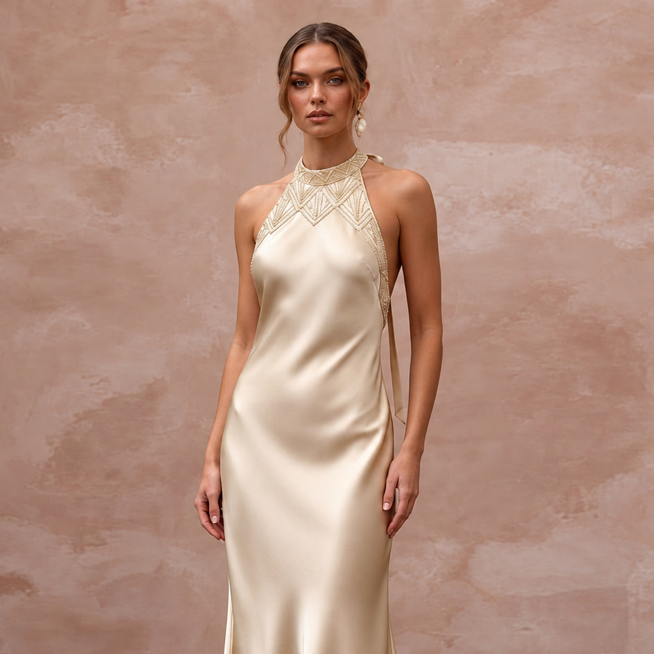 Champagne Silk Satin Halter Neck Midi Slip Dress for Wedding Guest