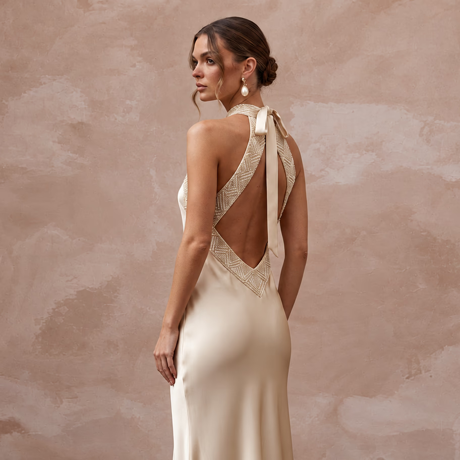 Champagne Silk Satin Halter Neck Midi Slip Dress for Wedding Guest