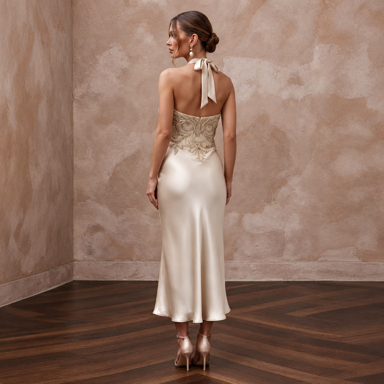 Champagne Silk Satin Halter Neck Midi Slip Dress for Wedding Guest Secondary image