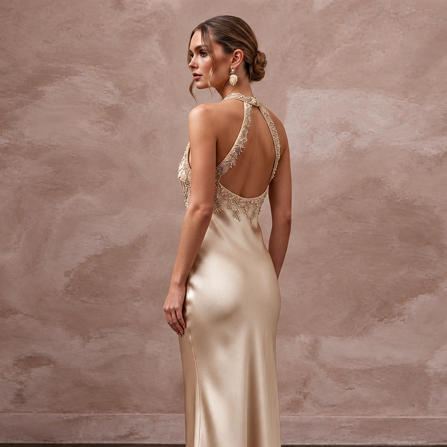 Champagne Silk Satin Halter Neck Midi Slip Dress for Wedding Guest