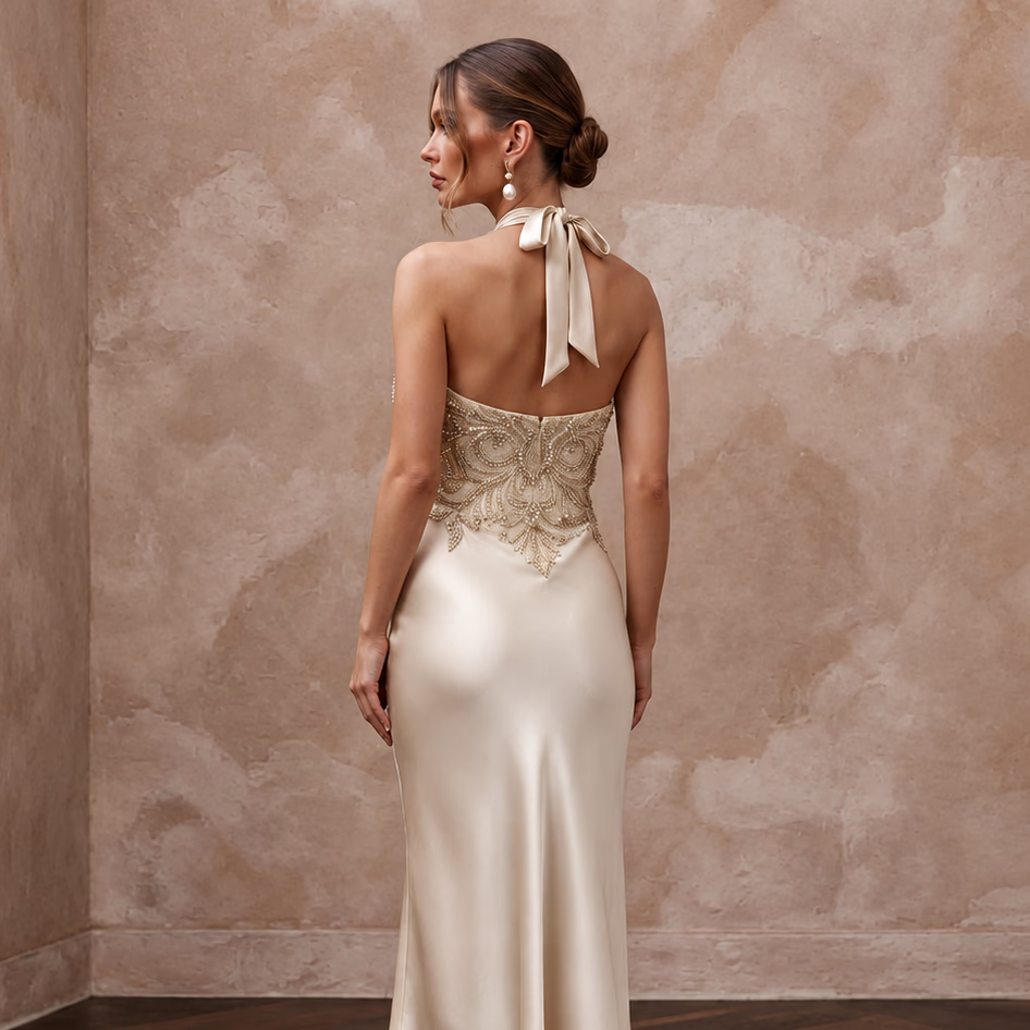 Champagne silk satin halter neck midi slip dress with beaded detailing, perfect for wedding guest attire.