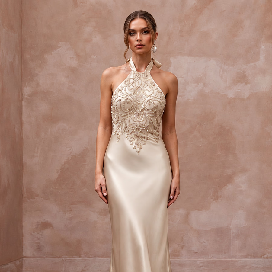 Champagne silk satin halter neck midi slip dress with intricate bead detailing, perfect for wedding guests.