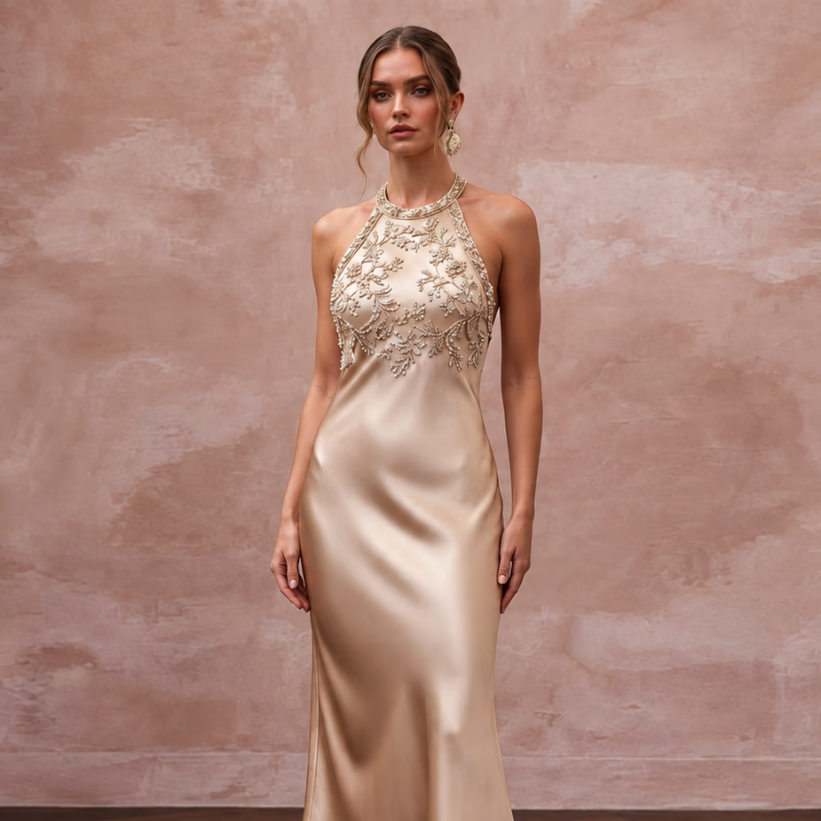 Champagne Silk Satin Halter Neck Midi Slip Dress for Wedding Guest