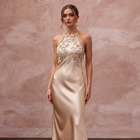Champagne Silk Satin Halter Neck Midi Slip Dress for Wedding Guest