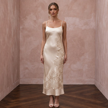 Champagne Silk Satin Midi Slip Dress with Cowl Back