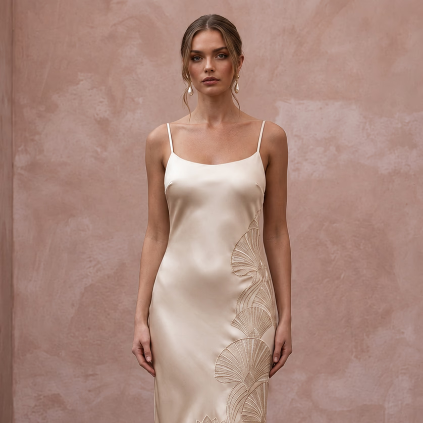 Champagne Silk Satin Midi Slip Dress with Cowl Back