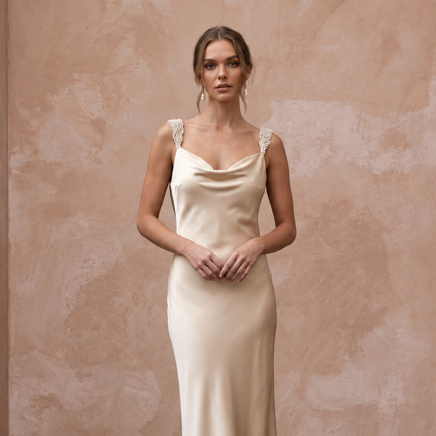 Champagne Silk Satin Midi Slip Dress with Cowl Back